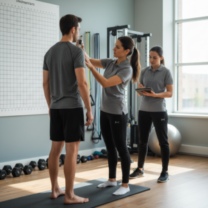  Physical therapist conducting biomechanical assessment for sports injury recovery at Farmingdale physical therapy clinic