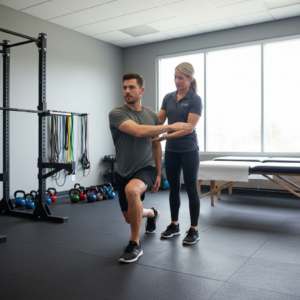 Athlete performing functional movement exercises with physical therapist guidance in Farmingdale rehabilitation facility