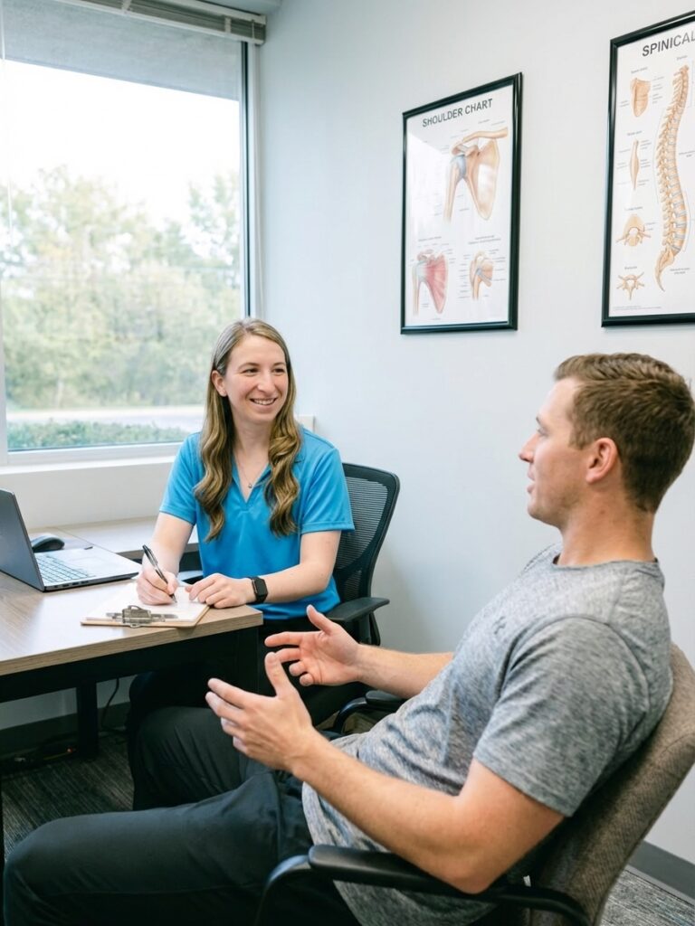 Patient working with a physical therapist at a performance physical therapy clinic in Farmingdale discussing evaluation and treatment goals