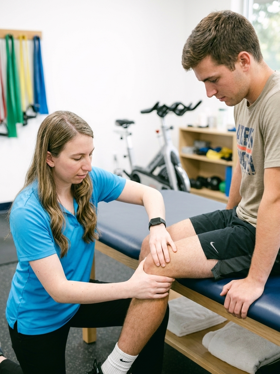 Patient working with a provider at a physical therapy clinic in Farmingdale, NY during a knee injury rehabilitation session