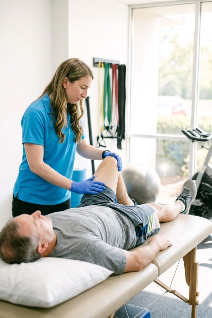 Patient working with a provider at a physical therapy clinic in Farmingdale, NY during a therapeutic exercise session